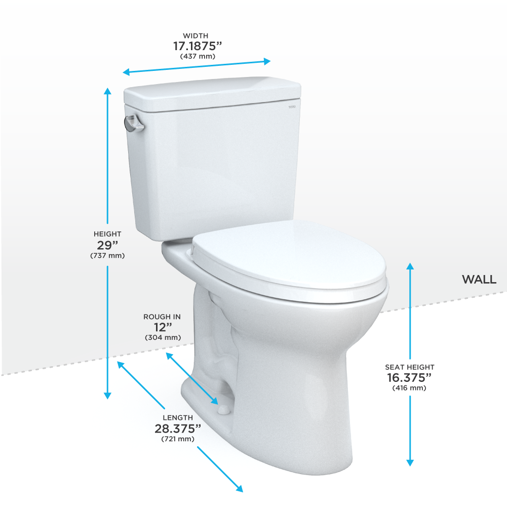White elongated two-piece toilet with soft-close seat and dimensions labeled: 28.375" length, 17.1875" width, 29" height.