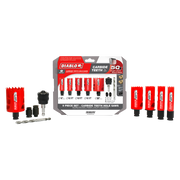 Nine-piece carbide hole saw set with red and black saws in various sizes, pilot bit, and accessories displayed with packaging