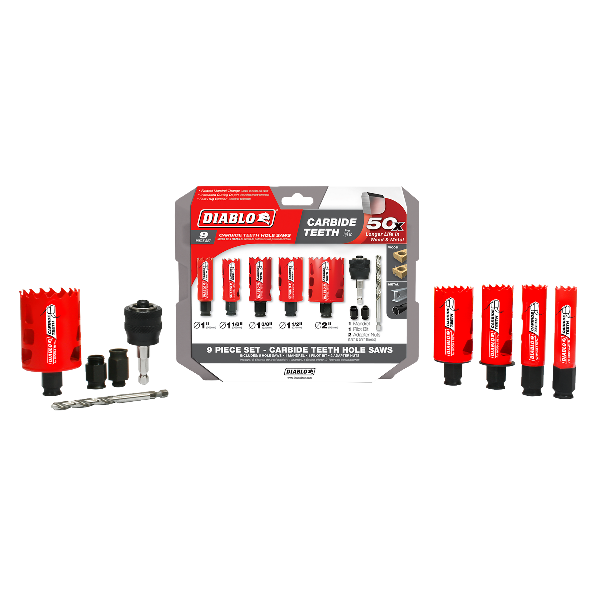 Nine-piece carbide hole saw set with red and black saws in various sizes, pilot bit, and accessories displayed with packaging