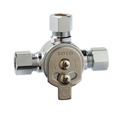 Polished chrome manual mixing valve with two control handles and threaded connection ports on sides and bottom.