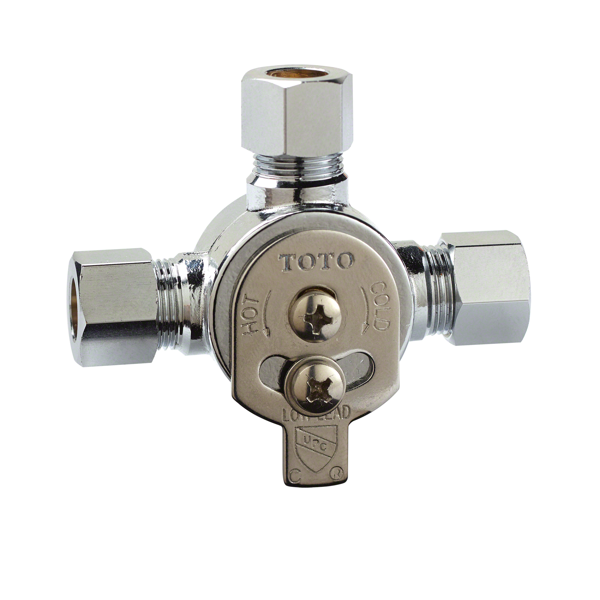 Polished chrome manual mixing valve with two control handles and threaded connection ports on sides and bottom.