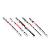 Five Diablo T-shank jig saw blades with varying tooth patterns for wood and metal cutting applications.