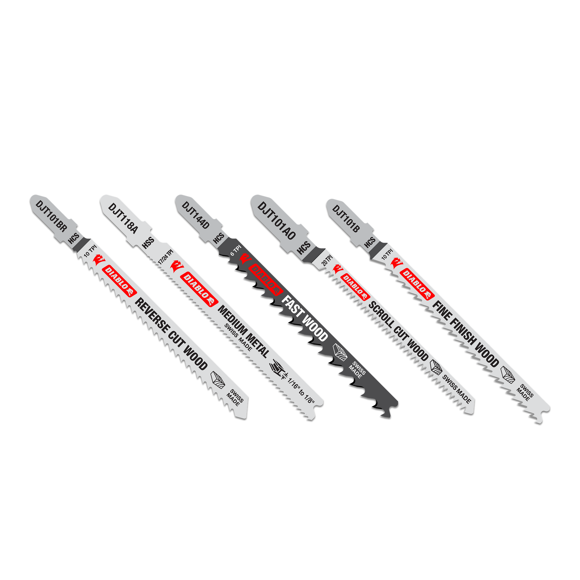 Five Diablo T-shank jig saw blades with varying tooth patterns for wood and metal cutting applications.