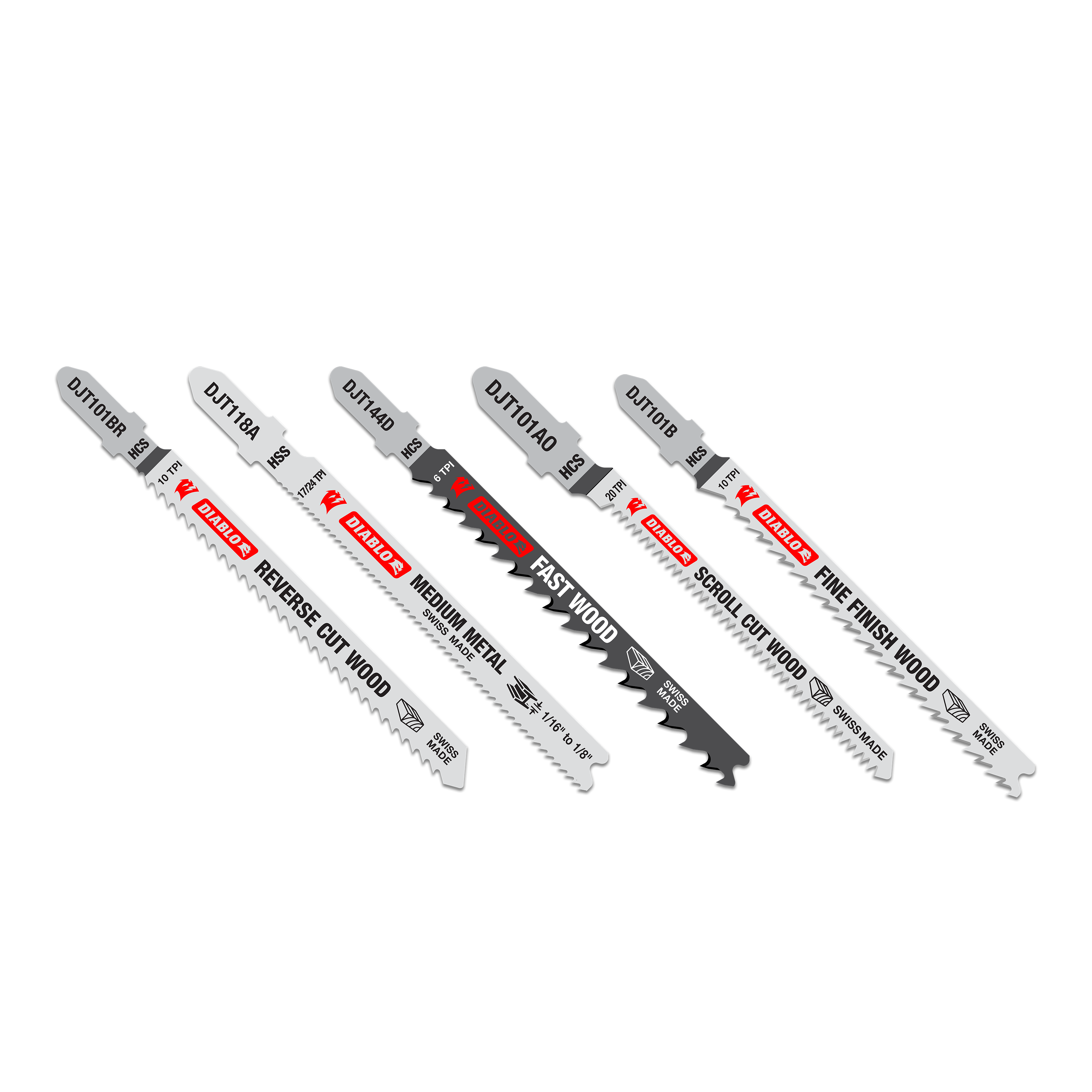 Five Diablo T-shank jig saw blades with varying tooth patterns for wood and metal cutting applications.