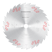 Circular saw blade with carbide-tipped teeth, central arbor hole, and red patented system markings on silver surface.