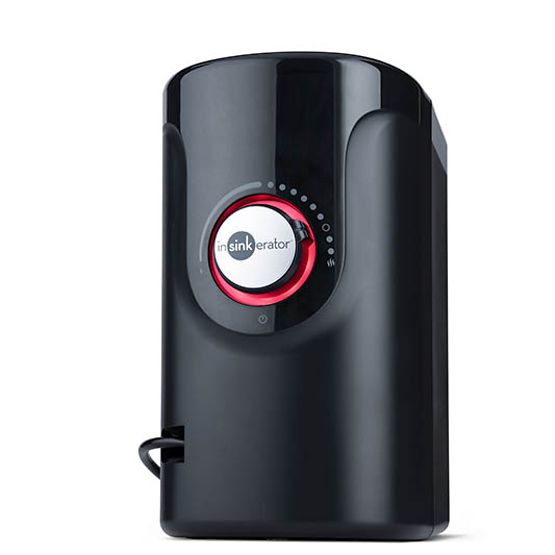 Black cylindrical instant hot water tank with red circular control dial and Insinkerator branding on front.