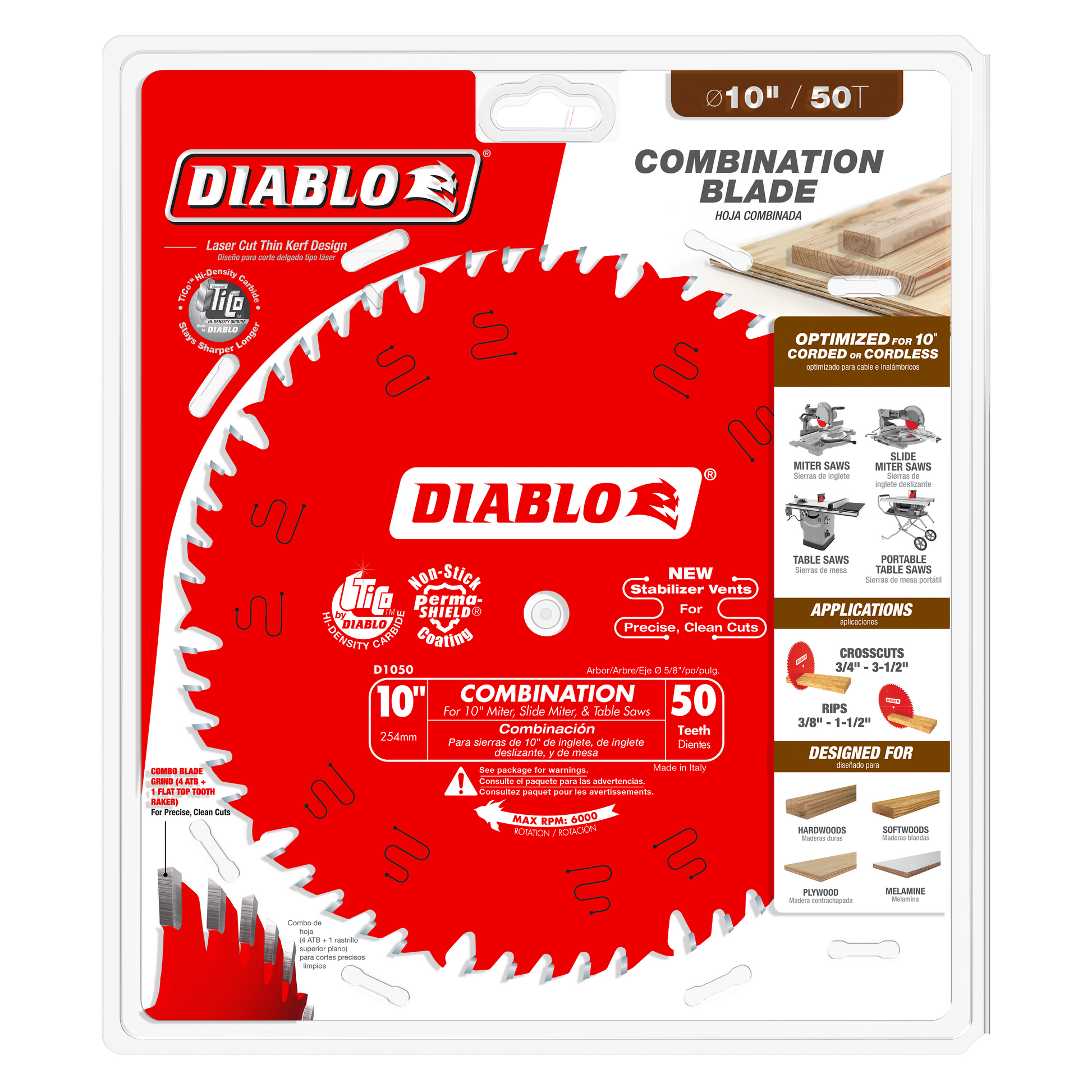 Red circular saw blade with 50 teeth, 10 inch diameter, mounted on product packaging with application and specification detai