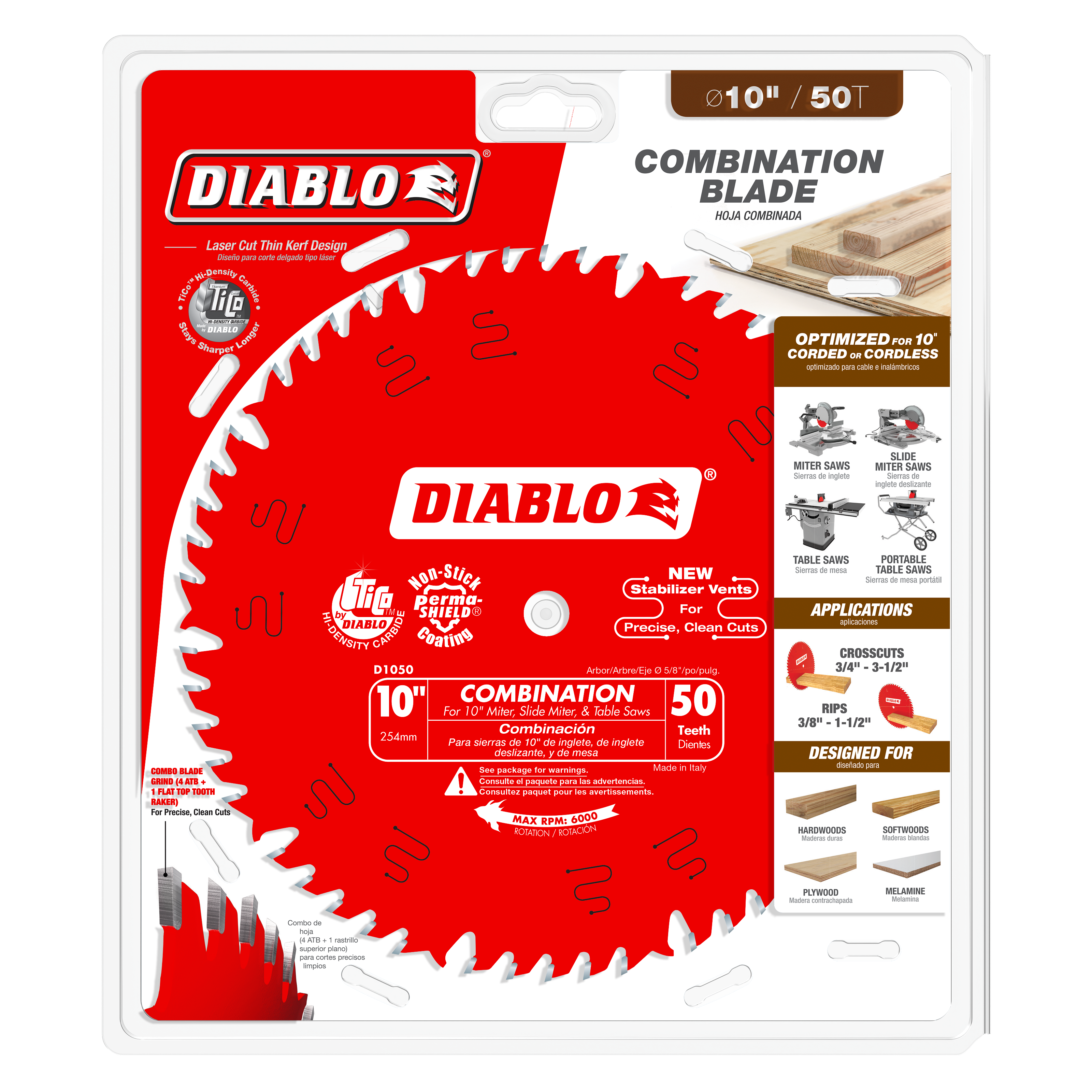 Red circular saw blade with 50 teeth, 10 inch diameter, mounted on product packaging with application and specification detai