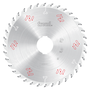 Silver circular saw blade with gray carbide teeth around perimeter and Freud branding with red and white markings on face.
