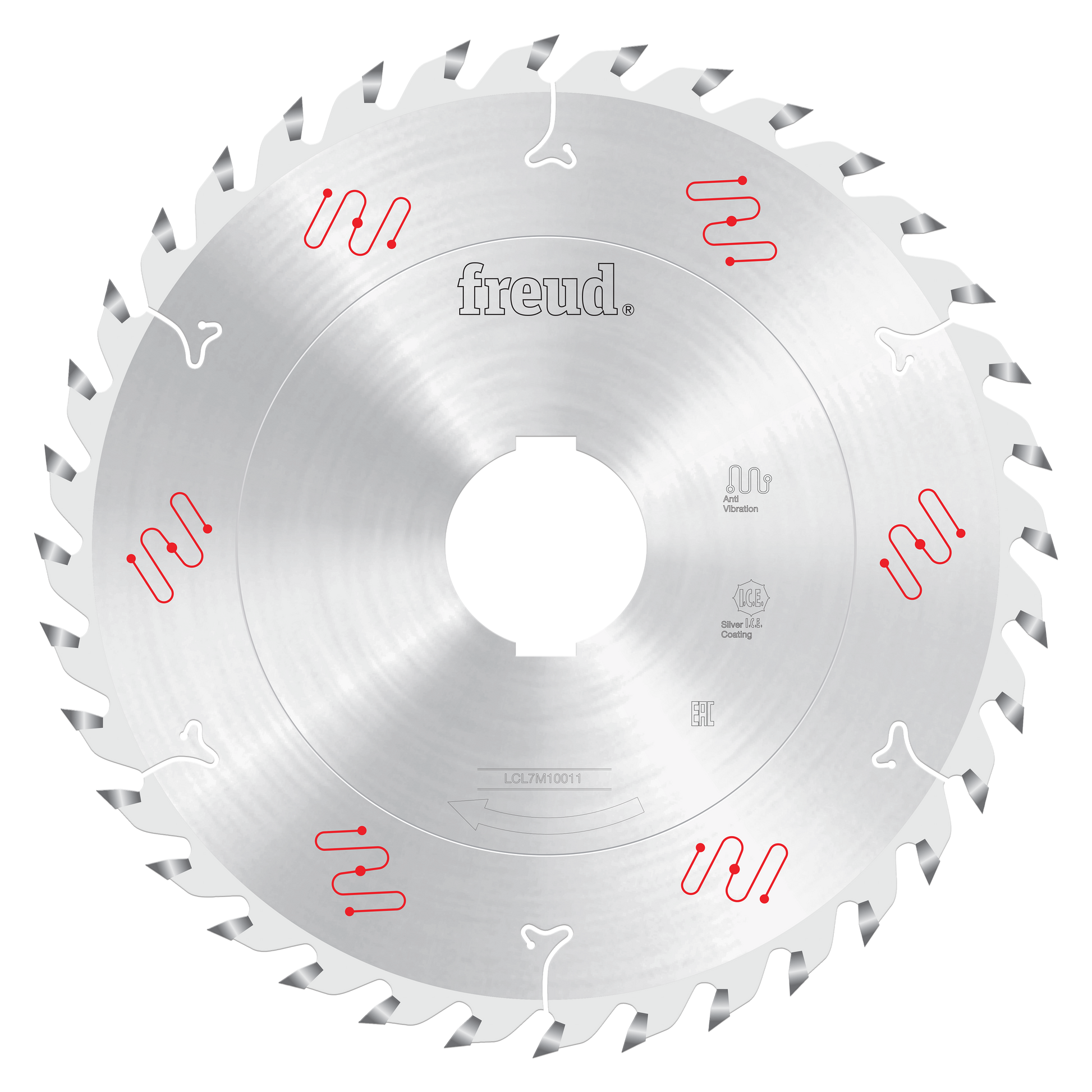 Silver circular saw blade with gray carbide teeth around perimeter and Freud branding with red and white markings on face.