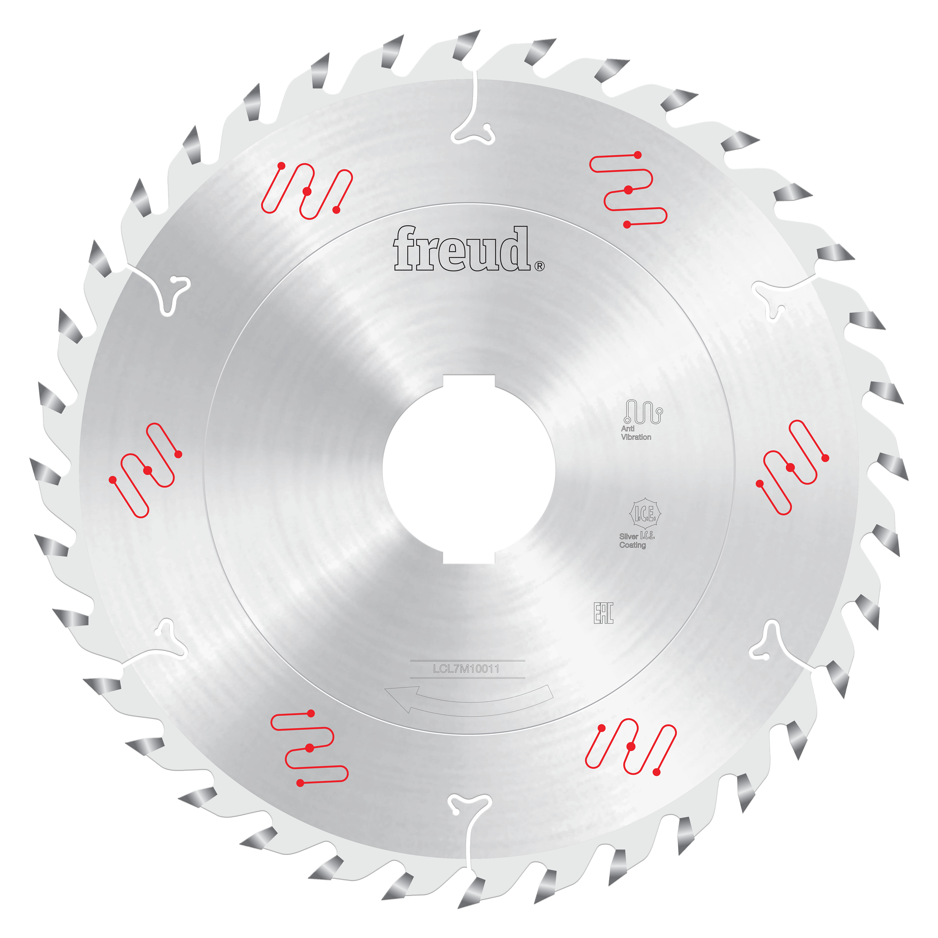 Silver circular saw blade with gray carbide teeth around perimeter and Freud branding with red and white markings on face.