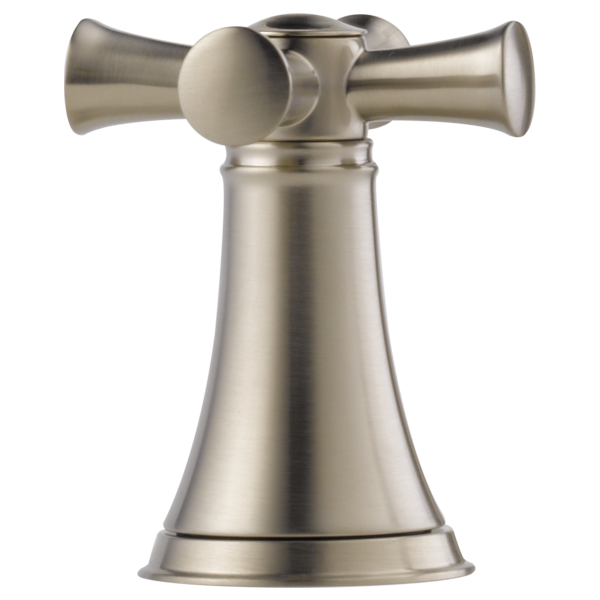 Brushed nickel widespread lavatory faucet with cross handles and bell-shaped spout base.