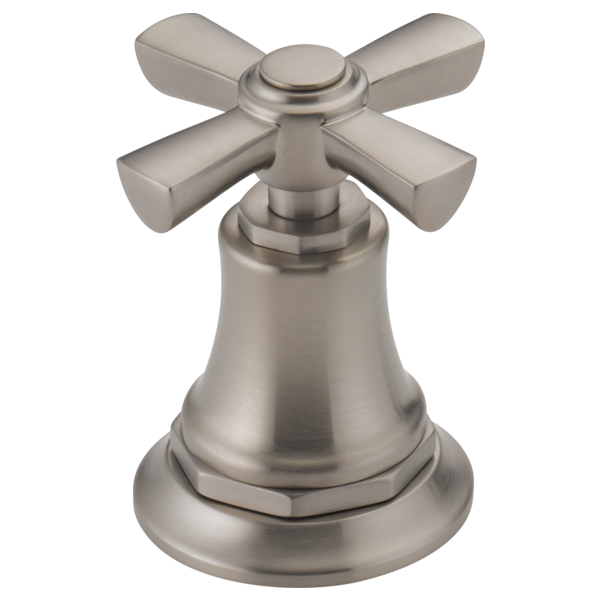 Brushed nickel cross handle with bell-shaped base and four lever arms for faucet control.