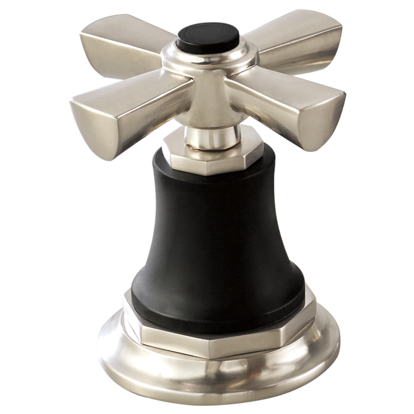 Chrome cross handle with black rubber grip and polished nickel base for widespread faucet installation.