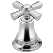 Chrome lavatory faucet with cross-shaped handles and bell-shaped body for widespread mounting.