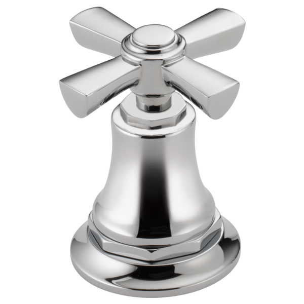 Chrome lavatory faucet with cross-shaped handles and bell-shaped body for widespread mounting.
