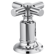 Chrome lavatory faucet with cross handles and circular base mounted on cylindrical center post.