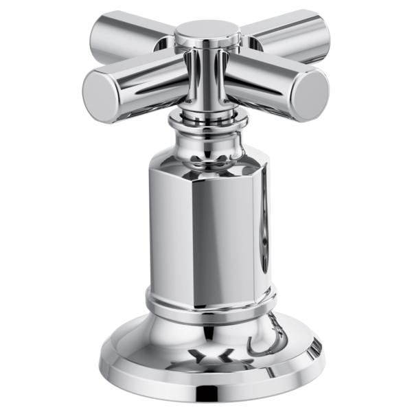Chrome lavatory faucet with cross handles and circular base mounted on cylindrical center post.