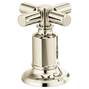 Polished nickel faucet valve with cross handles and cylindrical body mounted on circular base.
