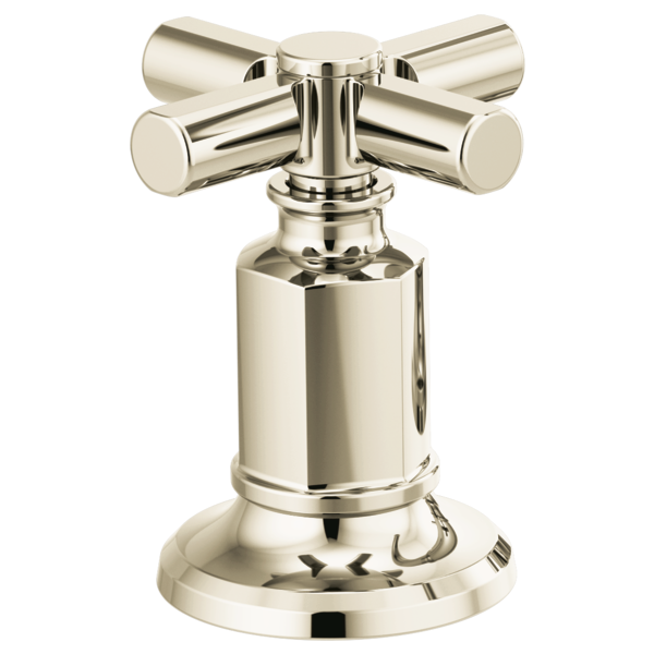 Polished nickel faucet valve with cross handles and cylindrical body mounted on circular base.