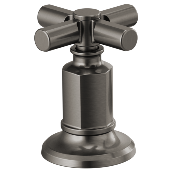 Brushed nickel widespread lavatory faucet with cross handles and round base.