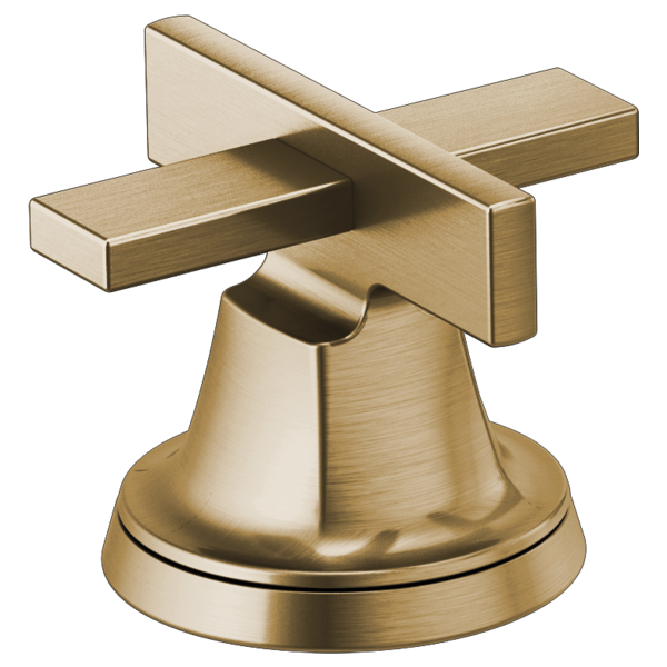 Brushed gold widespread lavatory faucet handle kit with two low cross handles and bell-shaped base.