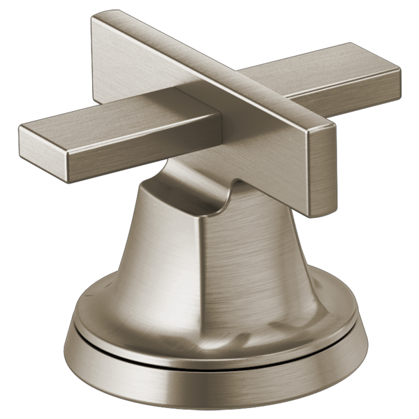 Brushed nickel widespread lavatory faucet handle kit with two rectangular cross handles and bell-shaped base.