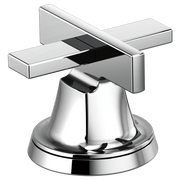 Chrome faucet handle kit with two rectangular lever handles and bell-shaped base for widespread lavatory sink installation.