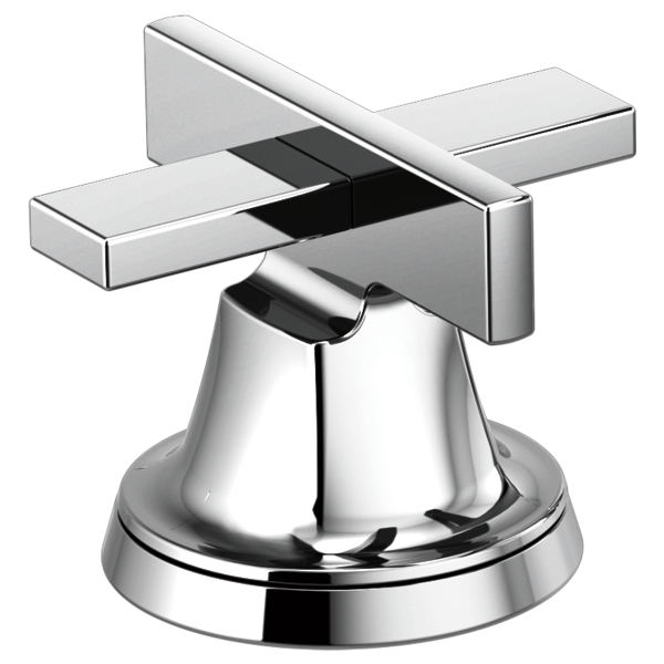 Chrome faucet handle kit with two rectangular lever handles and bell-shaped base for widespread lavatory sink installation.