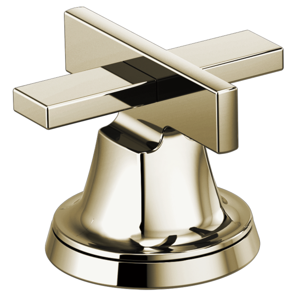 Polished nickel widespread lavatory faucet with low cross handles and round base.