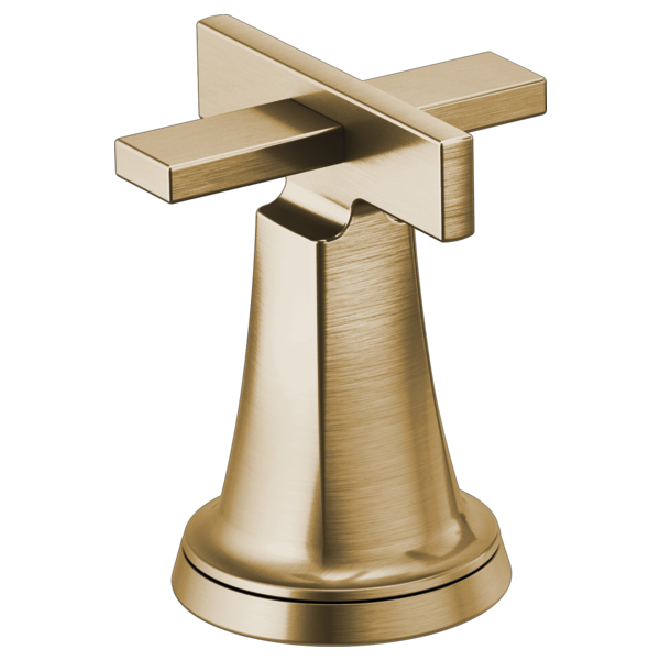 Brushed gold faucet handle with dual cross levers and conical base.