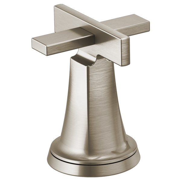Brushed nickel bathroom faucet with two high cross handles and conical base.