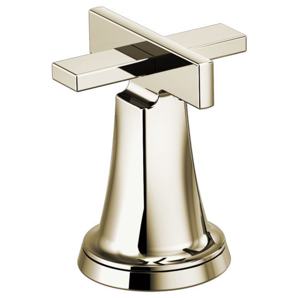Polished nickel widespread lavatory faucet with high cross handles and tapered spout base.