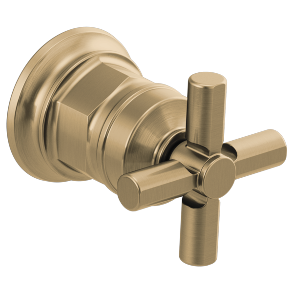 Brushed gold wall-mounted lavatory valve with cylindrical cross handles and circular trim ring.