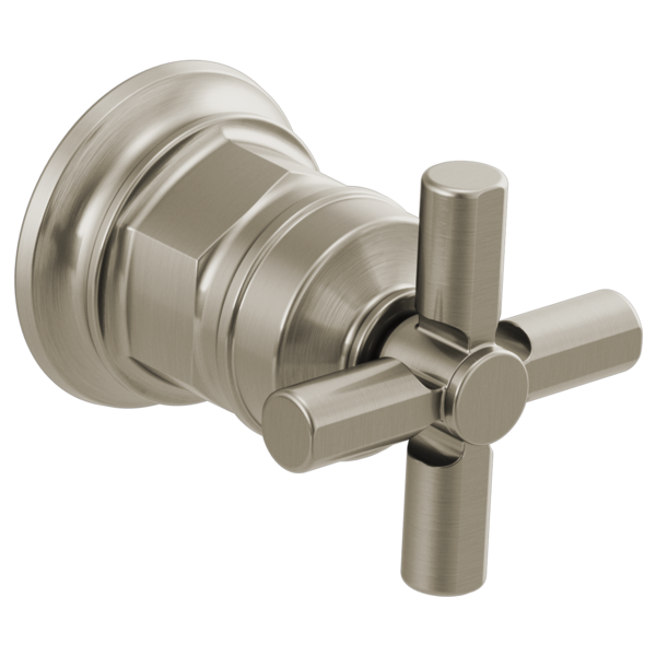 Brushed nickel wall-mounted lavatory faucet valve with cross handles and circular escutcheon plate.