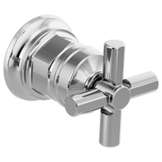Polished chrome wall-mounted lavatory faucet trim kit with cylindrical cross handles and round escutcheon plate.