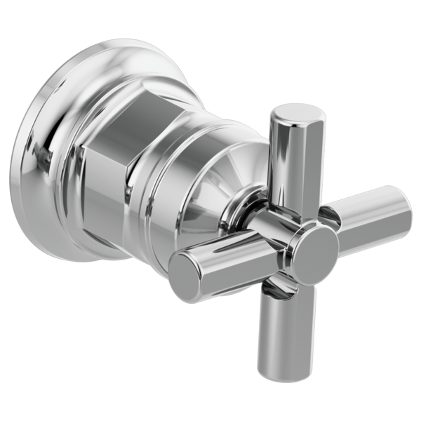 Polished chrome wall-mounted lavatory faucet trim kit with cylindrical cross handles and round escutcheon plate.