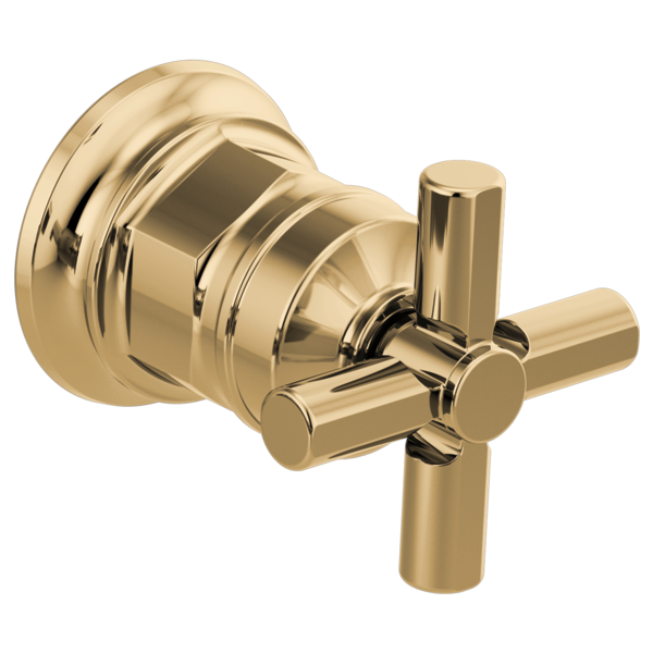 Polished brass wall-mount lavatory faucet valve with cross handles and round escutcheon plate.