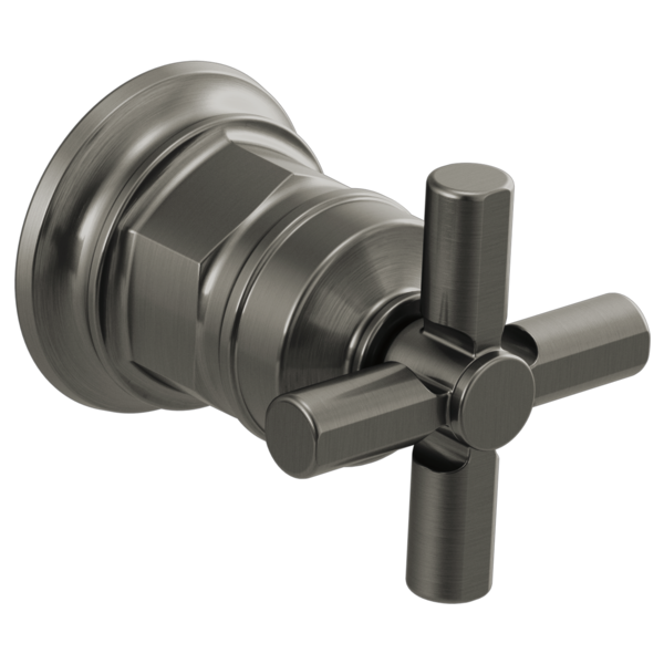 Brushed nickel wall-mounted lavatory faucet valve with cross handle and circular trim ring.