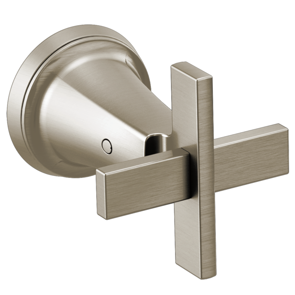 Brushed nickel wall-mount lavatory faucet handle with cross-shaped lever and circular mounting plate.