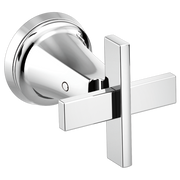 Chrome wall-mounted lavatory faucet with cross handles and round escutcheon plate.