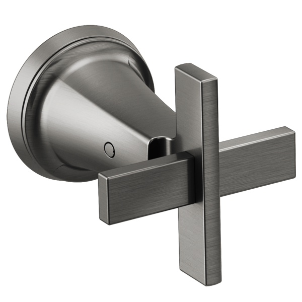 Chrome wall-mounted lavatory faucet with cross handles and circular escutcheon plate.