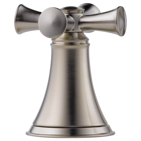 Brushed nickel roman tub faucet handles with cross-shaped grips and bell-shaped base.