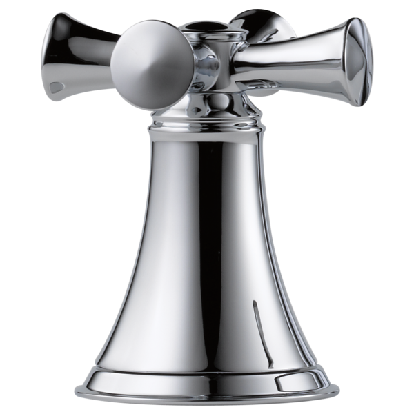 Pair of polished chrome cross handles with spherical knobs mounted on conical base for roman tub faucet.