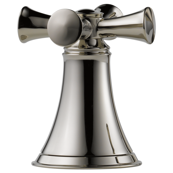 Pair of polished chrome cross handles with spherical grips mounted on bell-shaped base for roman tub faucet.
