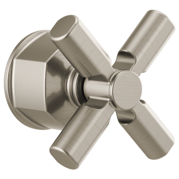 Brushed nickel cross handle valve trim with round escutcheon plate and cylindrical handles.