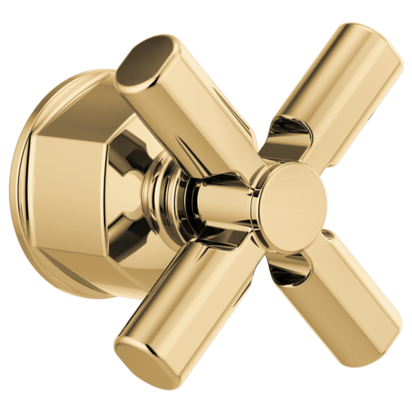 Polished brass pressure balance valve trim with cross-shaped handle and circular mounting plate.