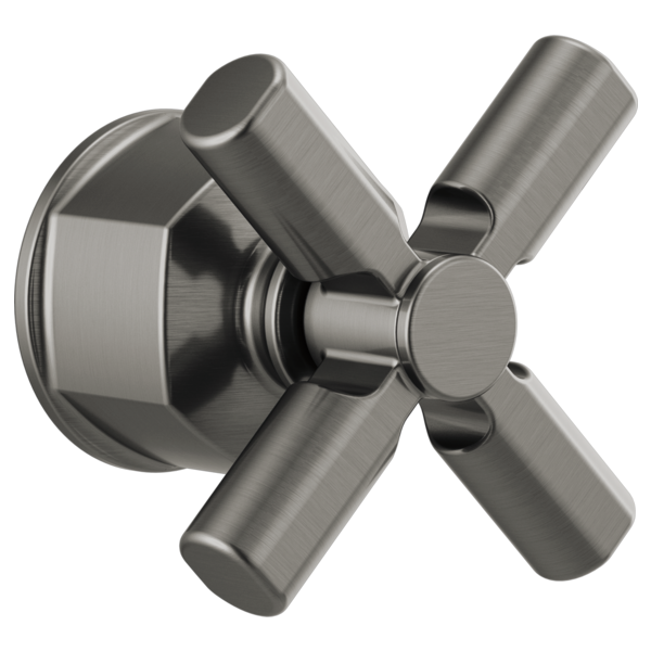 Brushed nickel cross handle valve trim with circular mounting plate and four cylindrical handles.