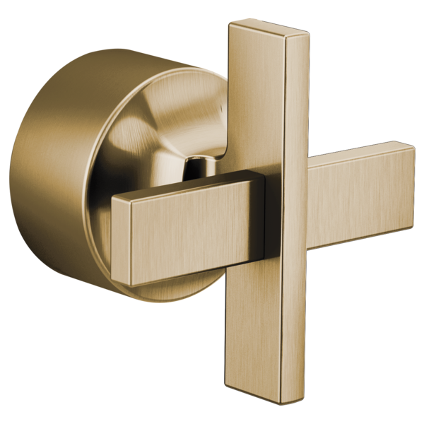 Brushed gold pressure balance valve trim with rectangular cross handles and circular escutcheon plate.