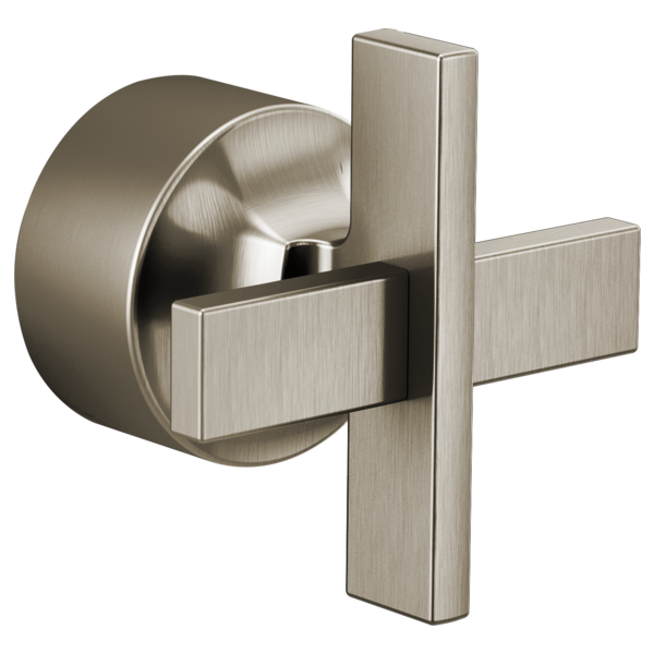 Brushed nickel pressure balance valve trim with cross handle and circular mounting flange.